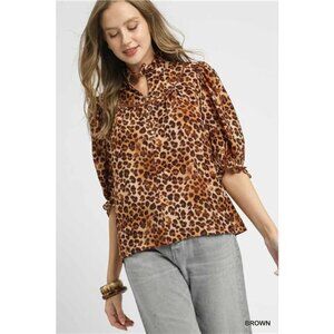 Umgee Full Size Leopard Print Ruffle Neck Blouse Plus Size